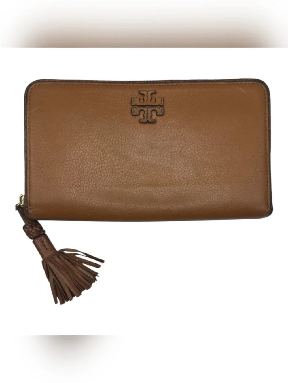 Tory Burch Brown Leather Zip Wallet with Braided Trim And Tassel